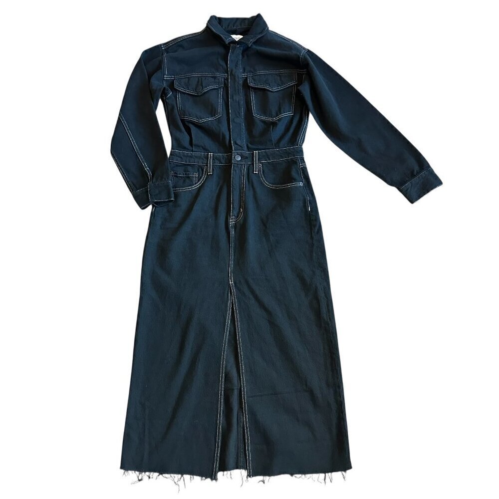 Pistola Amira Denim Midi Dress Vioght Black High Slit Long Sleeve Size Small NWT